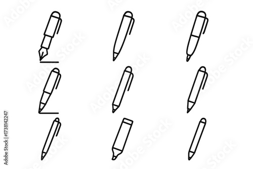 Pen line icon pack with editable stroke. Minimalistic linear pictograms for UI UX design. Fountain pen, ballpoint, marker vector set for writing, signature, drawing, note taking.
