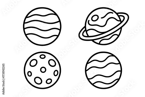 Planet icon set with moon and saturn. Simple outline vector signs for astronomy and space themes. Cartoon celestial bodies for science infographics or educational projects.
