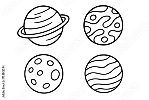 Collection of space planet icons. Simple line art doodle set with Saturn and moon. Celestial body vector symbols for astronomy, galaxy, and universe concepts. Isolated outline.