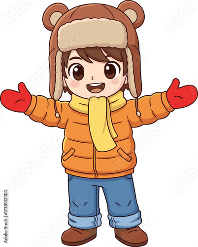 Adorable cartoon boy in orange winter jacket wearing bear ear hat yellow scarf red gloves and boots, cute festive child illustration