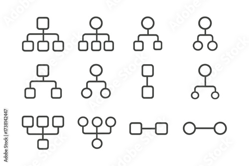 Hierarchy line icons. Organizational chart, business structure diagram. Corporate management, workflow process, teamwork. Connection, network, flowchart infographic elements. Vector.