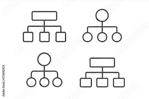 Hierarchy line icon set. Business organization chart. Corporate structure diagram pictogram. Teamwork, management, and workflow concept. Minimal vector infographic elements.