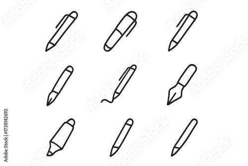 Pen line icon set with editable stroke. Minimalist vector pictogram collection of writing and drawing tools. Fountain pen, marker, ballpoint for signature, apps, and web design.
