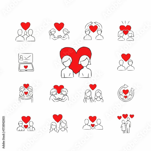 Collection of hand drawn love and relationship icons with red hearts
