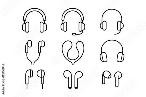 Headphones and earphones line icon set. Headset, earbuds, earpods pictogram collection. Simple outline audio gadget symbol for music, podcast, call center, customer support.