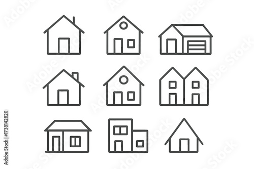 House icon set. Simple linear pictograms of homes. Real estate symbols for web and app design. Vector illustration of various buildings, editable stroke. Property concept.