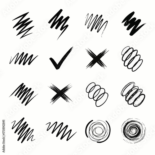 Collection of hand drawn black brush stroke symbols and doodles