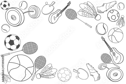 collection of sports games and musical instruments without background