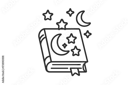 Magic spell book with moon and stars. Line icon for fantasy, fairytale, or bedtime story. Vector illustration of a celestial grimoire for witchcraft or astrology concepts.