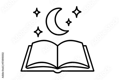 Magic open book with moon and stars line icon. Concept of fairytale, bedtime story, fantasy, imagination, esoteric knowledge. Symbol for learning, education, wisdom, poetry.