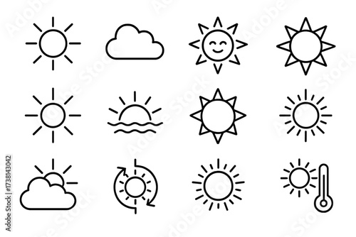 Sun line icon set for weather forecast. Sunshine, sunrise, sunset, and temperature symbols. Editable stroke vector illustration for web, UI, UX, and app design elements.