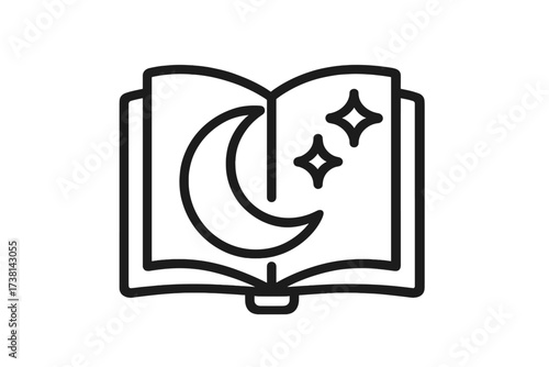 Bedtime story book icon with moon and stars. Fairytale, fantasy, and magic concept. Vector line art for storytelling, imagination, knowledge, and dreams. Night reading symbol.