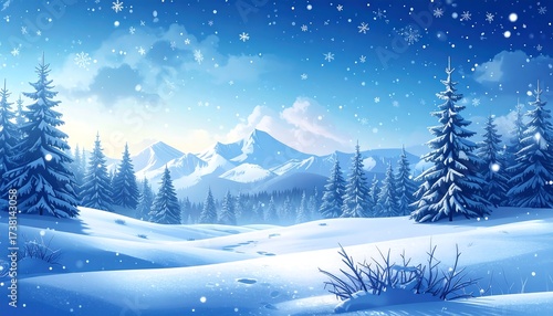 Winter wonderland landscape with snow-covered trees and mountains
