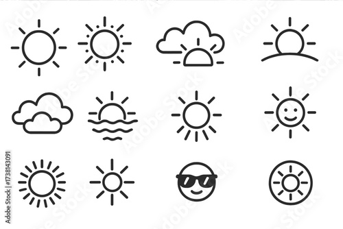 Sun line icon collection. Summer, sunshine, sunny weather pictograms. Sunrise, sunset over sea vector symbols. Happy smiling sun with sunglasses. Editable stroke outline icons set.