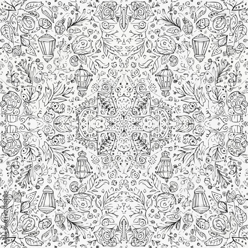 Intricate black and white mandala pattern with lanterns and floral elements
