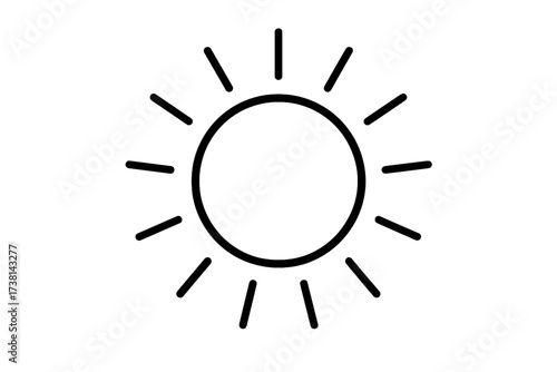 Sun icon vector line art. Simple outline sun symbol for weather app or website. Sunshine doodle graphic. Sunny day forecast sign. Summer heat and light illustration isolated.
