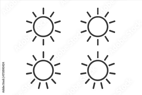 Sun icon set. Simple line art sunshine symbol collection. Minimalist outline pictogram for weather forecast. Summer heat and light concept. UI element for web and mobile app design.