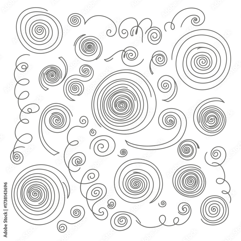 Fototapeta premium A captivating assortment of hand-drawn spiral and swirling line art elements, perfect for adding abstract decorative accents and dynamic flair to projects.