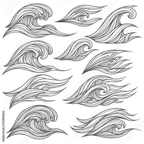 A dynamic collection of hand-drawn stylized ocean waves and water elements, perfect for design projects requiring fluid natural patterns.