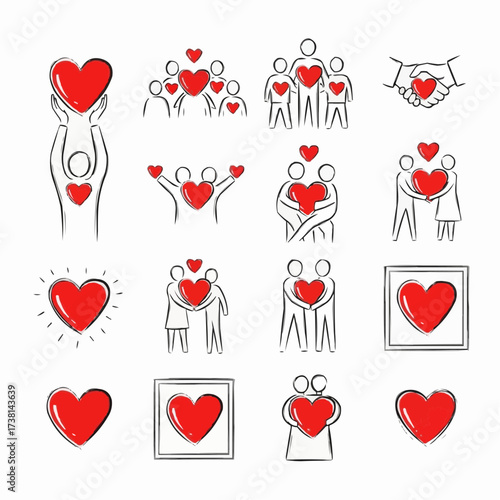 Collection of stylized red heart icons representing love and connection