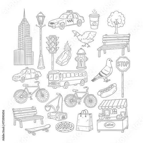 An extensive set of hand-drawn urban elements, featuring buildings, vehicles, and street furniture, perfectly illustrating city life and metropolitan concepts.