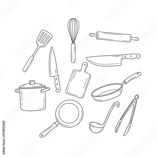 An elegant assortment of essential kitchenware and cooking implements, rendered in a clean outline sketch style, ideal for various food-related design projects.