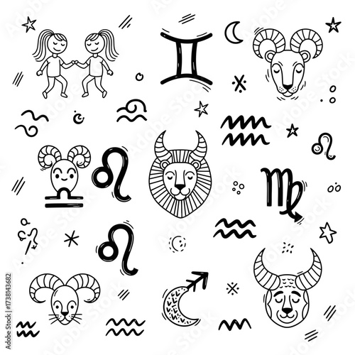 Explore a charming, hand-drawn collection of twelve astrological zodiac signs, including Aries, Leo, and Gemini, alongside whimsical celestial elements for mystical designs.