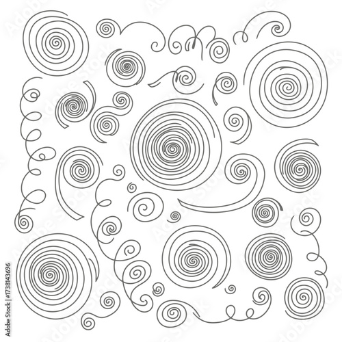 A captivating assortment of hand-drawn spiral and swirling line art elements, perfect for adding abstract decorative accents and dynamic flair to projects.
