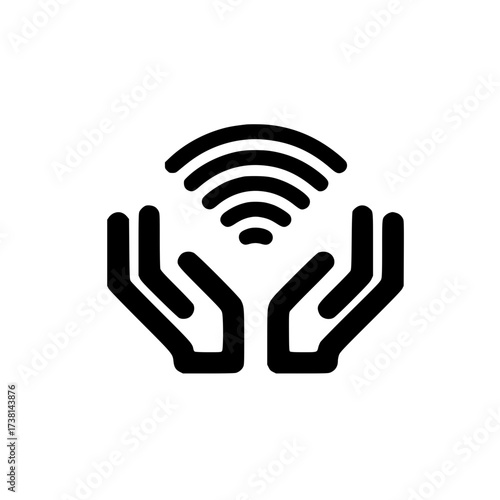 Wi-Fi signal icon hovering above two open hands in flat vector style isolated on white background