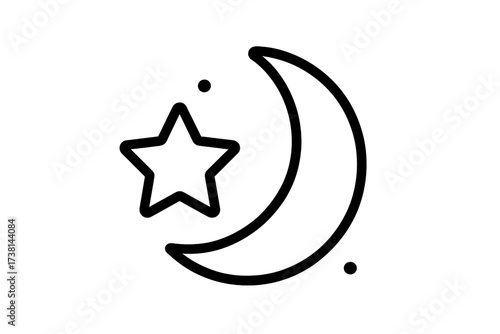 Moon and star icon. Crescent moon symbol. Night sky, weather forecast pictogram. Sleep, dream, bedtime concept. Astronomy, space element. Islamic, Ramadan Kareem sign. Vector.
