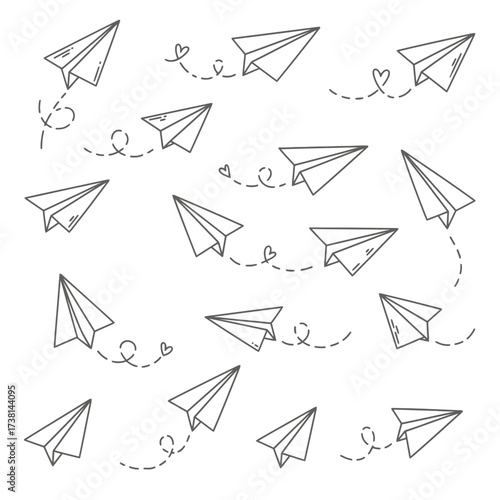 Whimsical hand-drawn illustrations of paper airplanes in flight, leaving playful dashed trails and cute little hearts, ideal for creative and lighthearted designs.