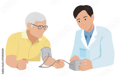 Doctor Measuring Blood Pressure for Elderly Patient Illustration