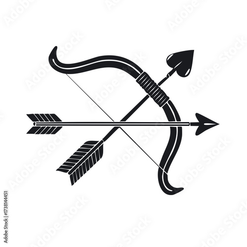 Black Bow and Arrow Illustration Classic Archery Symbol  Hunting Target Sport Equipment Weapon Graphic