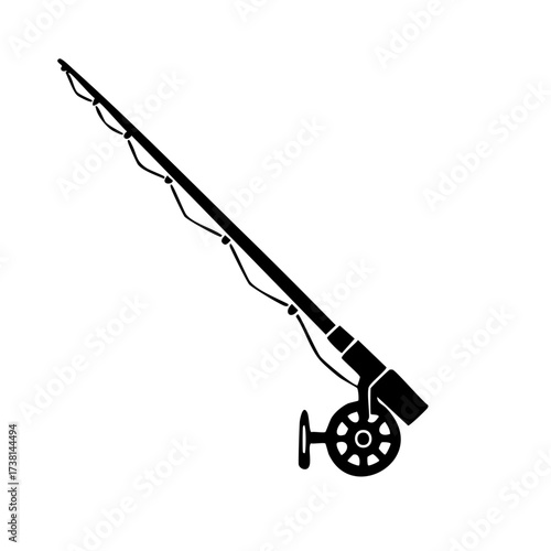 Fishing Pole with Spinning Reel Silhouette Angling Equipment for Recreation Black and White Graphic