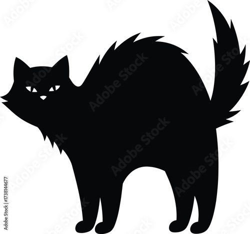 CAT, Flat vector illustration on a white background, An aggressive black cat with an arched back and tail. The silhouette is suitable for Halloween and prints.
