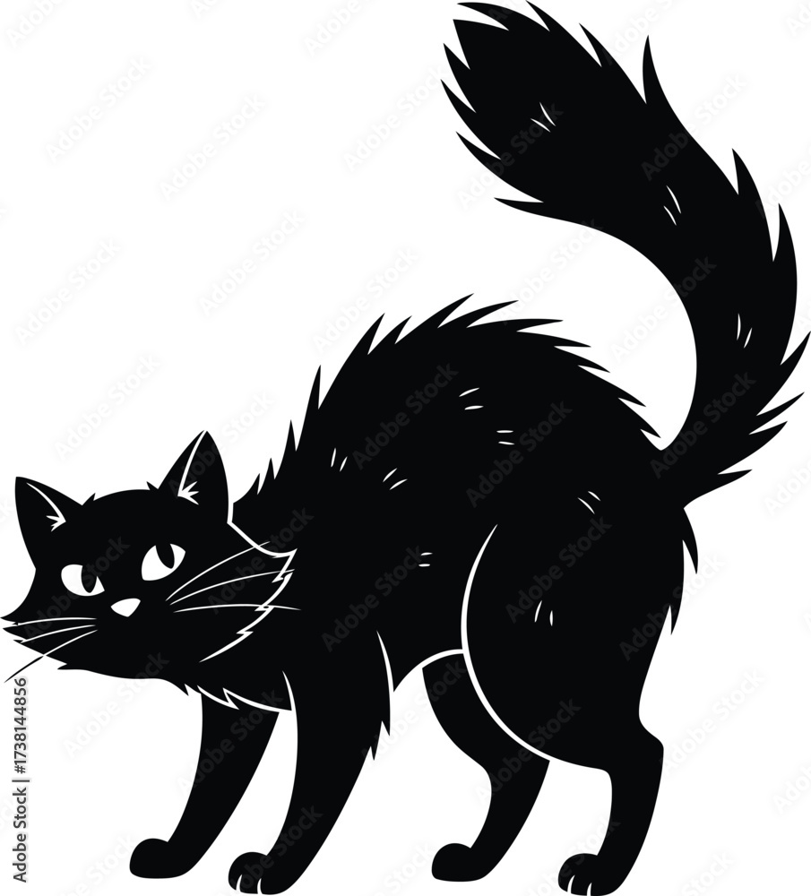 Obraz premium CAT, Flat vector illustration on a white background, An aggressive black cat with an arched back and tail. The silhouette is suitable for Halloween and prints.