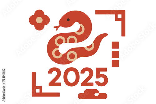Chinese New Year 2025 greeting card. Year of the Snake zodiac symbol. Minimalistic design in Asian paper cut style. Lunar new year festival concept. Oriental holiday vector.