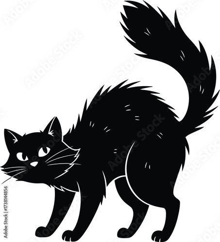 CAT, Flat vector illustration on a white background, An aggressive black cat with an arched back and tail. The silhouette is suitable for Halloween and prints.