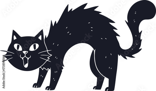 CAT, Flat vector illustration on a white background, An aggressive black cat with an arched back and tail. The silhouette is suitable for Halloween and prints.