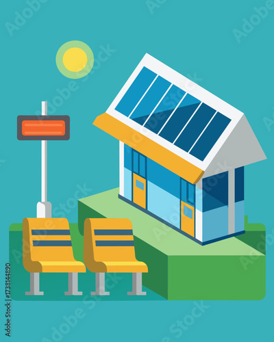 A transit hub with a solarpowered waiting area providing travelers with a comfortable place to wait for their next ride while charging their devices.. Vector illustration