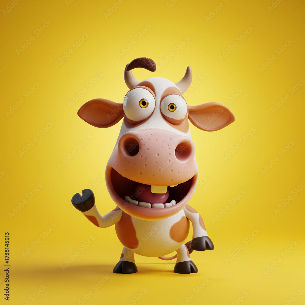 Fototapeta premium Cute 3D cartoon cow with funny expression, yellow background