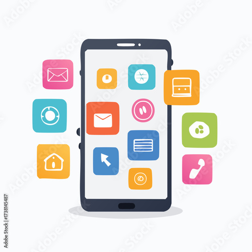 Modern mobile device surrounded by a dynamic array of colorful application icons, illustrating the concept of a digital ecosystem and user interface