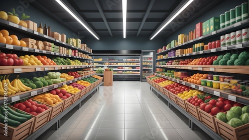 Wallpaper Mural Vibrant fresh produce aisle at a modern supermarket with plentiful colorful fruits and vegetables in wooden crates, perfect for healthy lifestyle promotion Torontodigital.ca