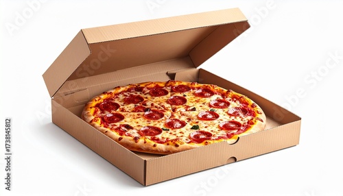 A realistic pizza box opened with a pepperoni pizza inside, melted cheese and toppings visible isolated on white background
