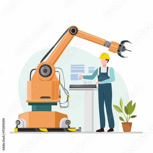 Engineer operating a robotic arm in a smart factory, illustrating the concept of industrial automation and modern manufacturing technology