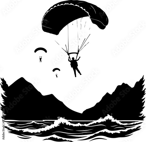 Parachutist Skydiver Landing Over Mountain Landscape Silhouette