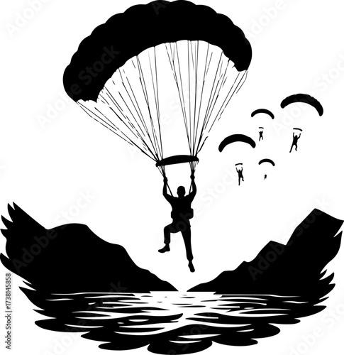 Parachutist Skydiver Landing Over Mountain Landscape Silhouette