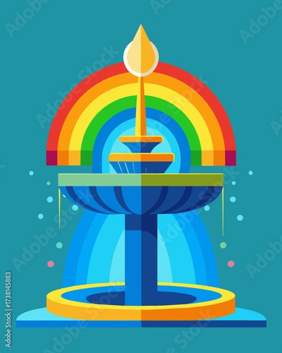 A solarpowered water fountain featuring a cascading rainbow of colors that changes with the intensity of the suns rays.. Vector illustration