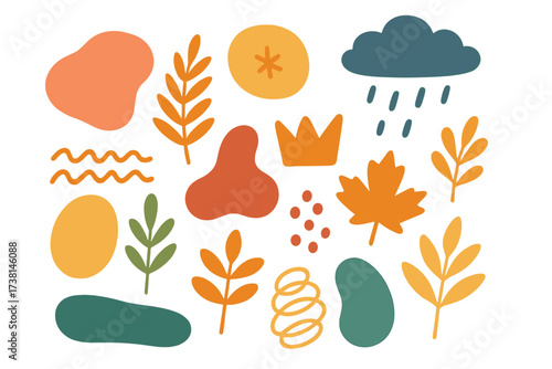 Abstract autumn elements set. Modern hand-drawn fall nature shapes, leaves, and blobs. Botanical doodle collection with rainy cloud, maple leaf for seasonal decoration.