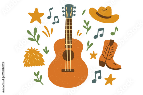 Country music vector set with acoustic guitar, cowboy hat and boot. Hand drawn western festival elements. Folk concert illustration for poster. Flat cartoon graphic design.